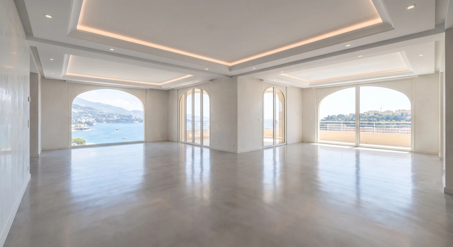Photographie professionnelle d'intérieur d'un bâtiment prestigieux après rénovation complète : grand espace lumineux avec sol en béton ciré haute finition gris clair, miroir et lisse, murs en enduit de qualité, plafond moderne avec éclairage élégant, détails de finition soignés montrant un travail de chape fluide et ragréage d'exception. L'image doit transmettre le luxe et le prestige du résultat final, sans personnage ni texte visible.