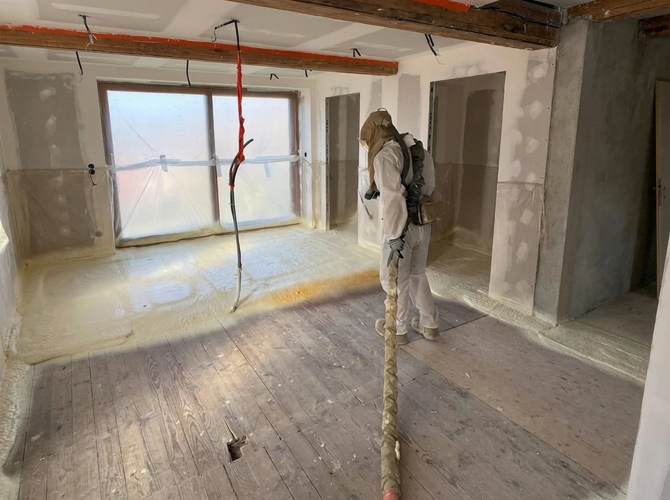 Technicien en combinaison blanche intégrale avec capuche et respirateur applique de la mousse polyuréthane projetée sur un plancher en bois, dans une pièce en rénovation