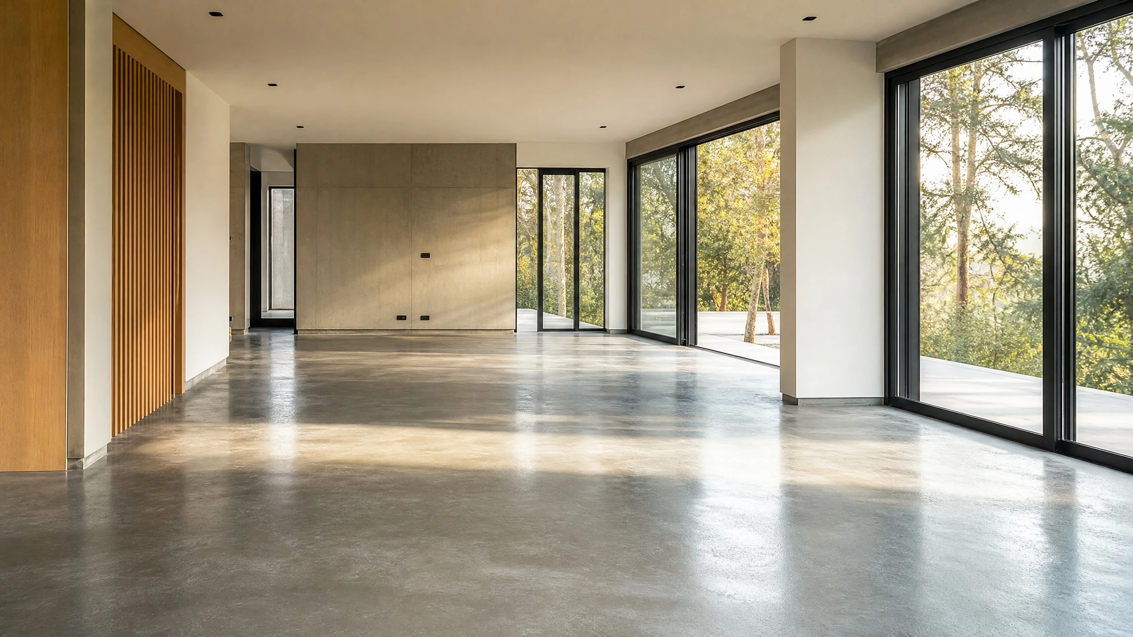 Ouvrier appliquant un revêtement de sol liquide autonivelant dans un intérieur résidentiel