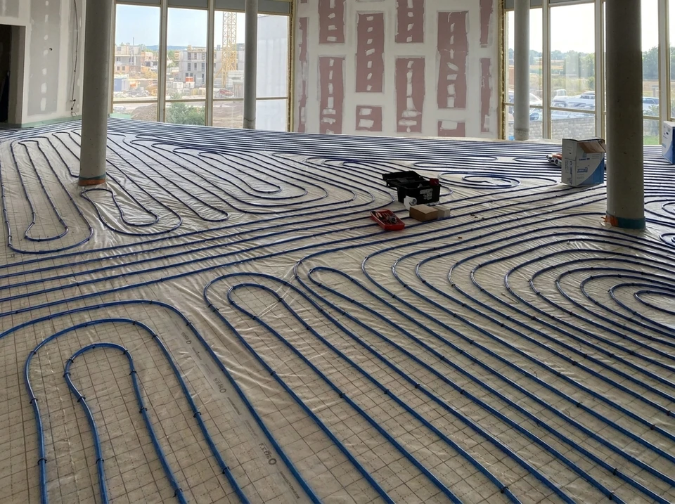 Technicien en combinaison blanche intégrale avec capuche et respirateur applique de la mousse polyuréthane projetée sur un plancher en bois, dans une pièce en rénovation