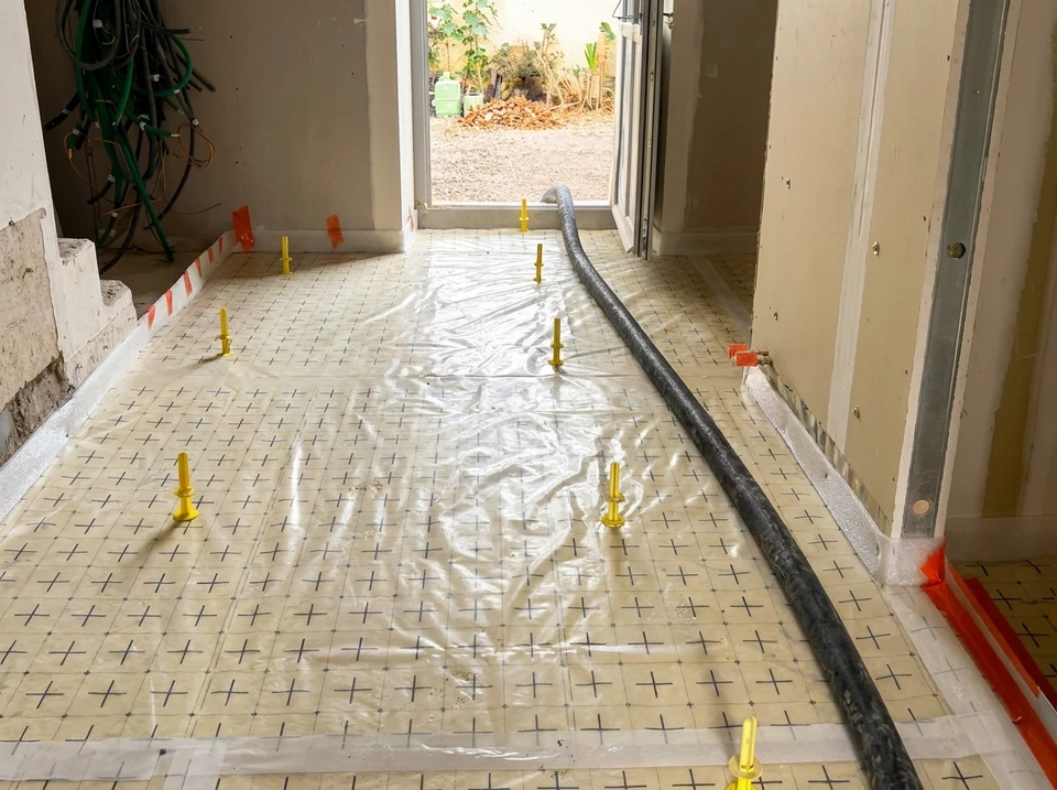 Chantier de rénovation d'appartement avec installation de chauffage au sol