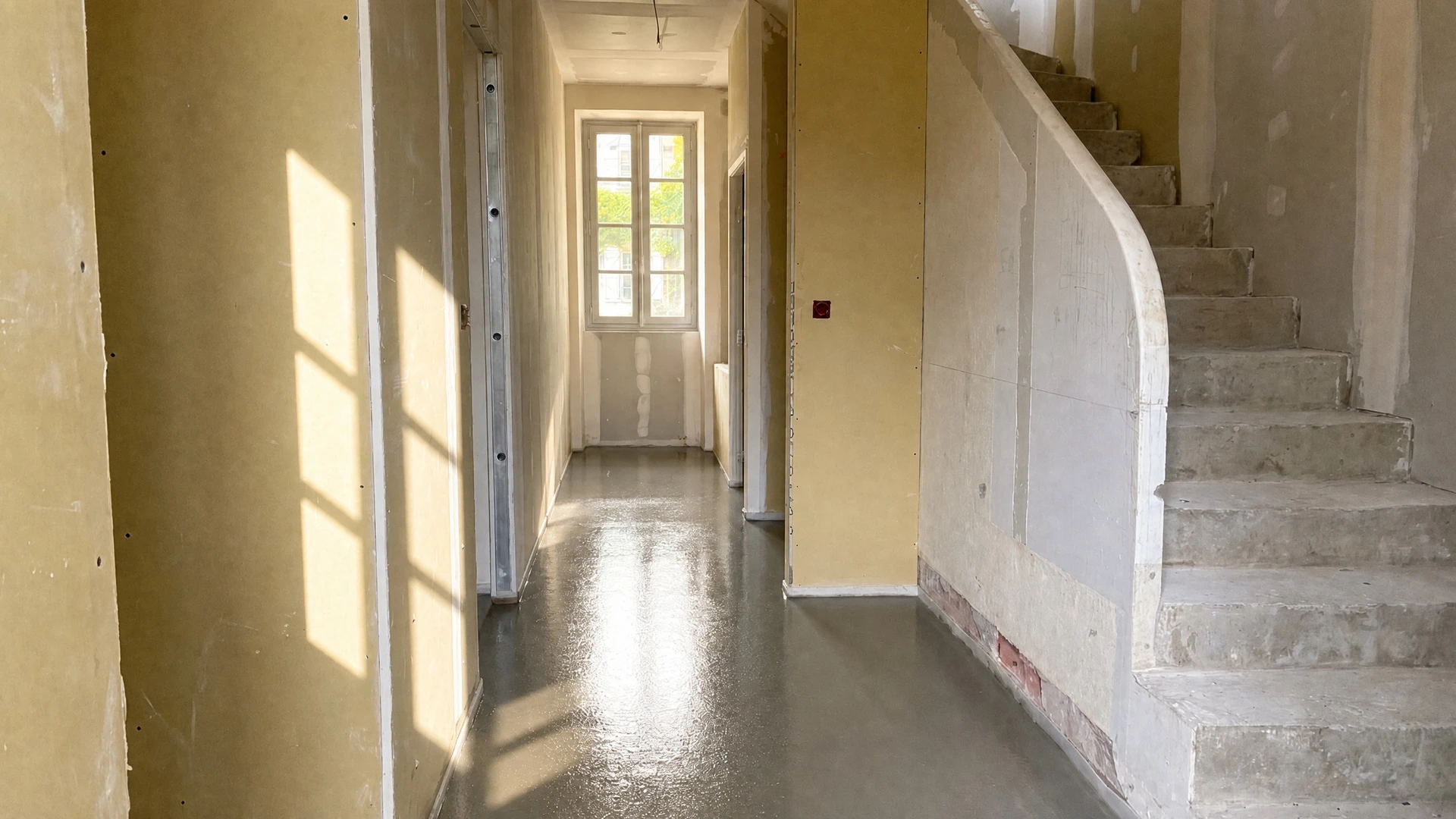 Ouvrier en bâtiment agenouillé appliquant du mortier ou béton au sol intérieur avec règle de maçon