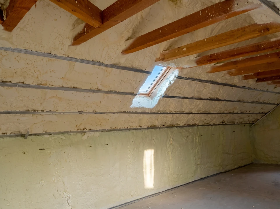 Technicien en combinaison blanche de protection intégrale et masque à ventilation assistée applique de la mousse polyuréthane projetée sur le sol d'une pièce en cours de construction